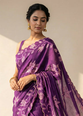 Purple Handloom Tussar Pure Silk Saree With Blouse Piece