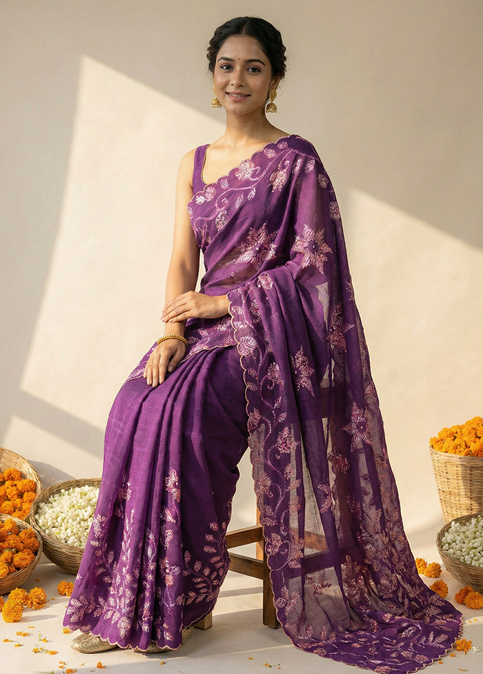 Purple Handloom Tussar Pure Silk Saree With Blouse Piece