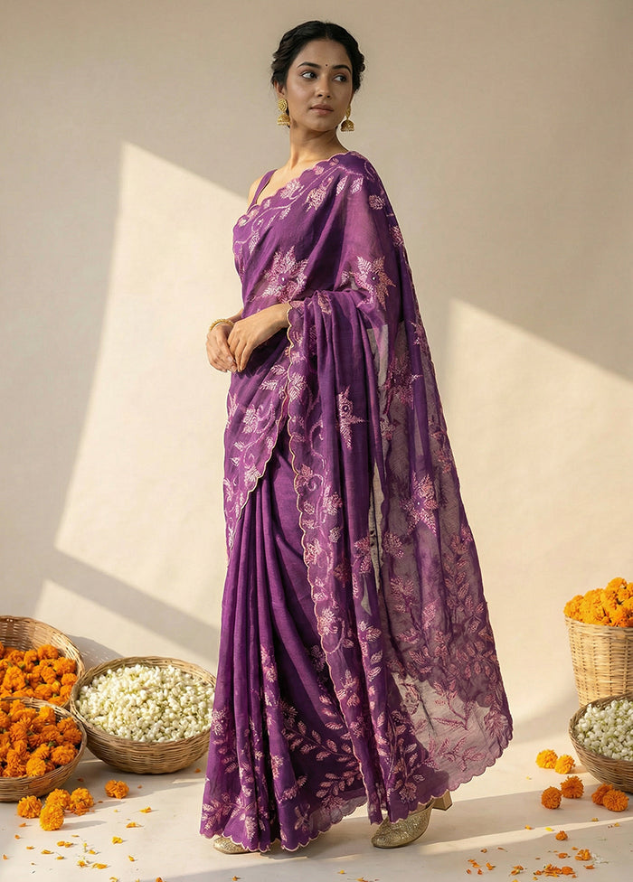 Purple Handloom Tussar Pure Silk Saree With Blouse Piece