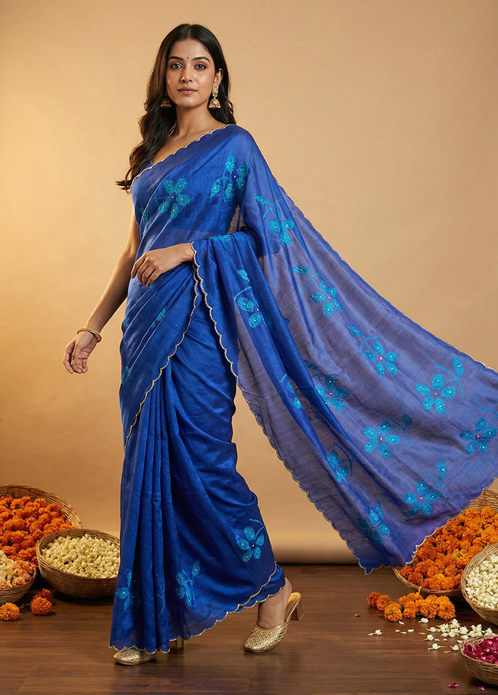 Blue Handloom Tussar Pure Silk Saree With Blouse Piece