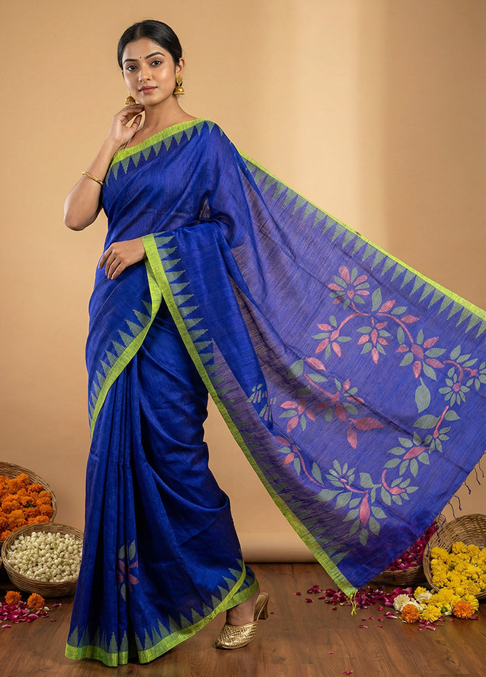 Blue Handloom Matka Pure Silk Saree With Blouse Piece