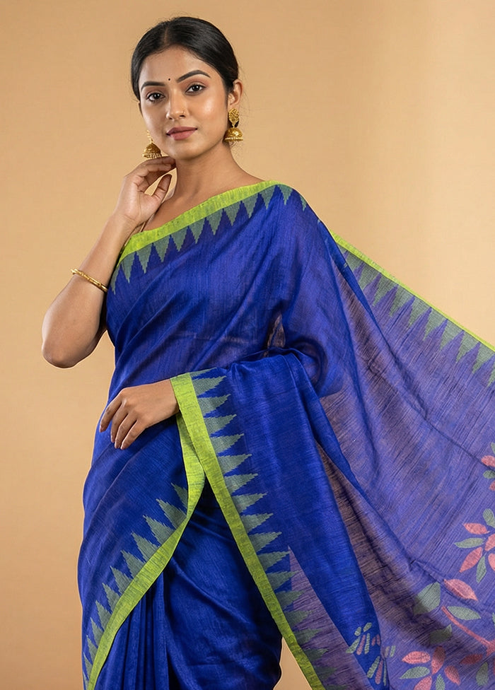 Blue Handloom Matka Pure Silk Saree With Blouse Piece