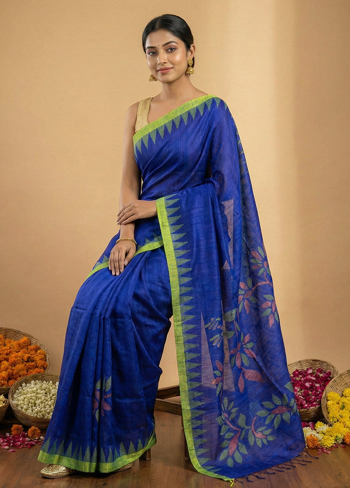 Blue Handloom Matka Pure Silk Saree With Blouse Piece