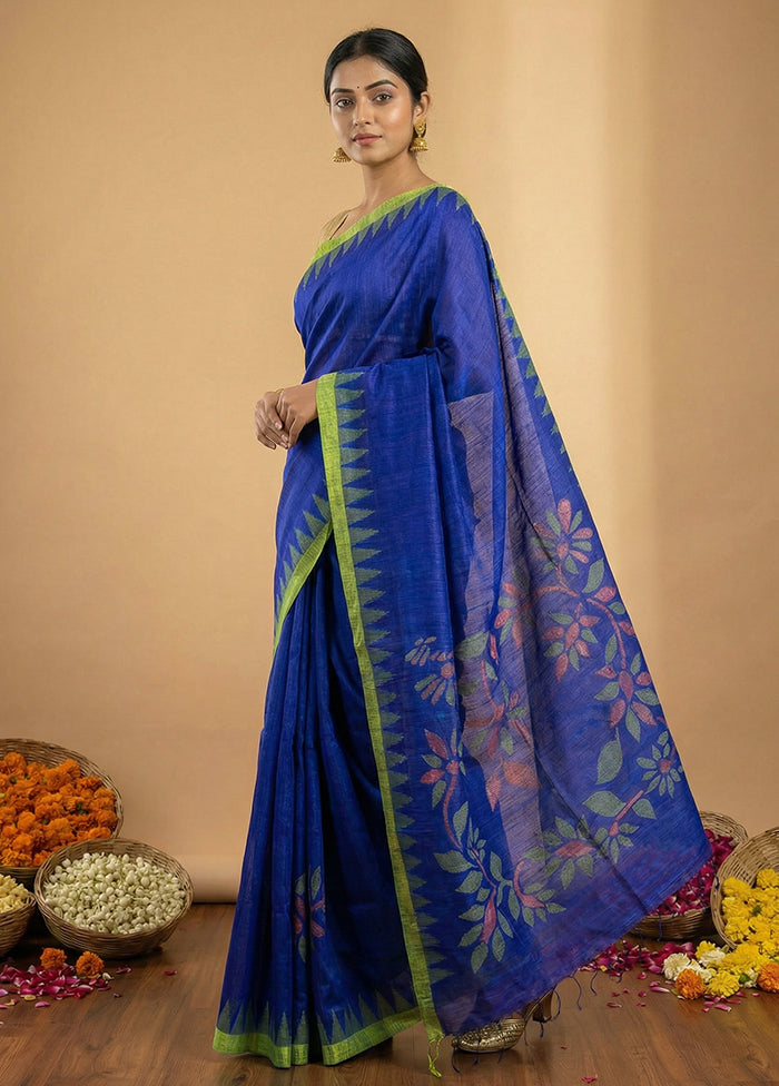 Blue Handloom Matka Pure Silk Saree With Blouse Piece