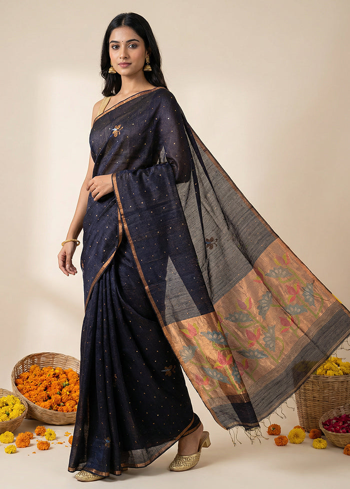 Black Handloom Matka Pure Silk Saree With Blouse Piece
