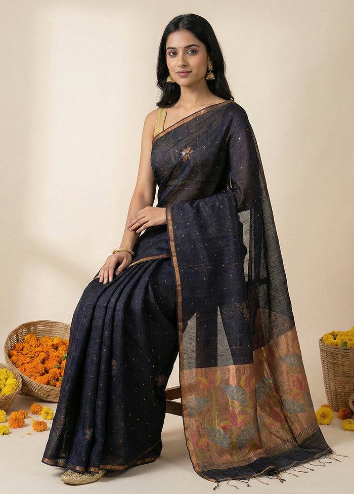 Black Handloom Matka Pure Silk Saree With Blouse Piece