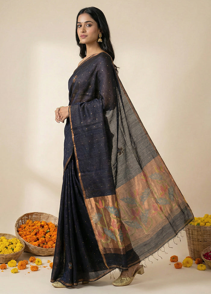 Black Handloom Matka Pure Silk Saree With Blouse Piece