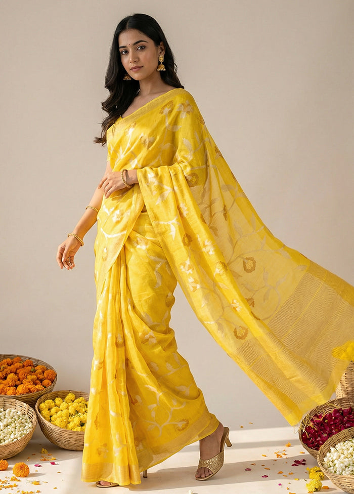 Yellow Handloom Matka Pure Silk Saree With Blouse Piece