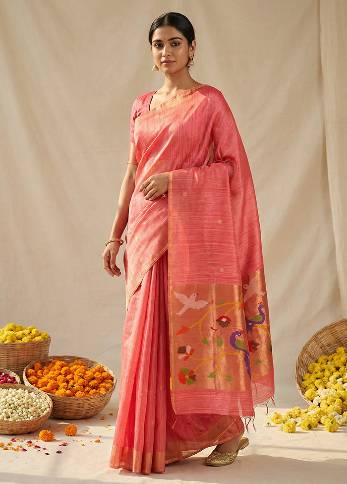 Peach Handloom Matka Pure Silk Saree With Blouse Piece