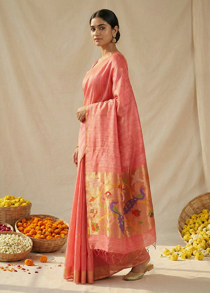 Peach Handloom Matka Pure Silk Saree With Blouse Piece