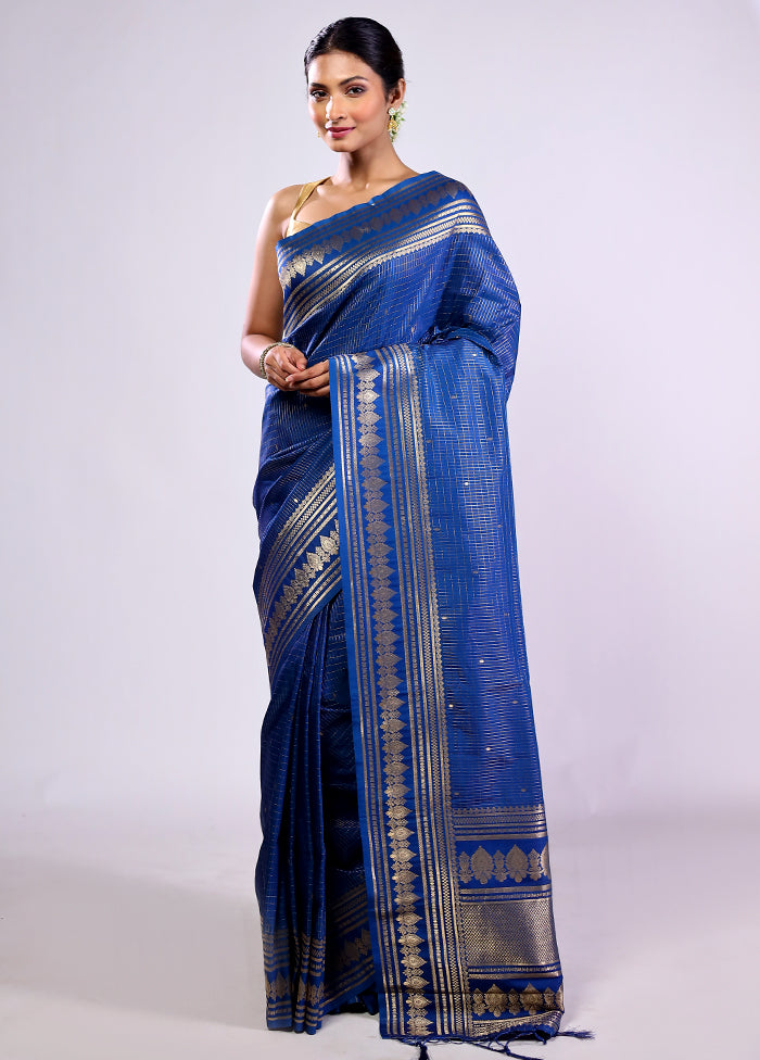 Blue Katan Silk Saree With Blouse Piece