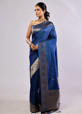 Blue Katan Silk Saree With Blouse Piece