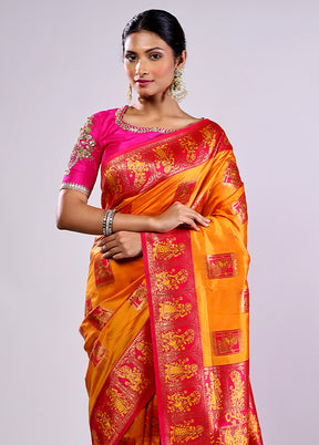 Yellow Baluchari Silk Saree With Blouse Piece