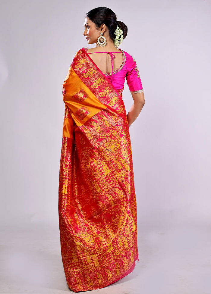 Yellow Baluchari Silk Saree With Blouse Piece