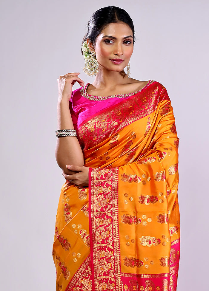 Yellow Baluchari Silk Saree With Blouse Piece
