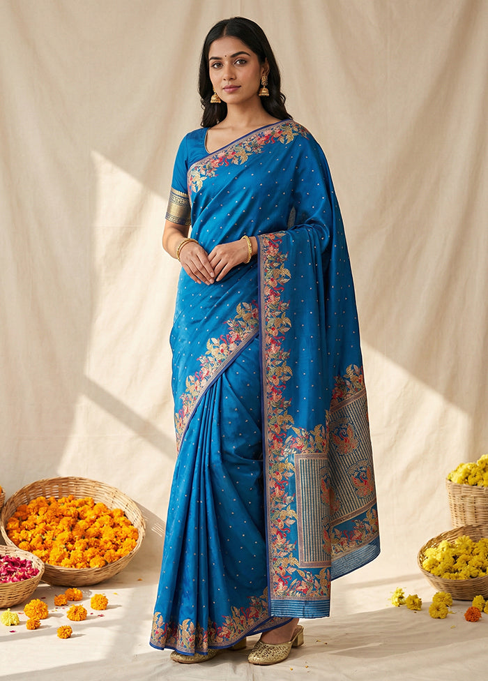 Blue Dupion Silk Saree With Blouse Piece