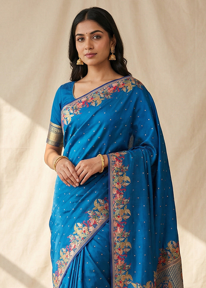 Blue Dupion Silk Saree With Blouse Piece