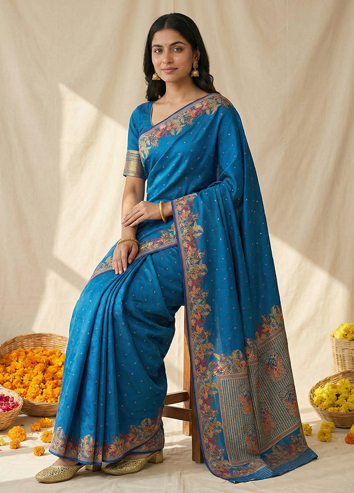 Blue Dupion Silk Saree With Blouse Piece