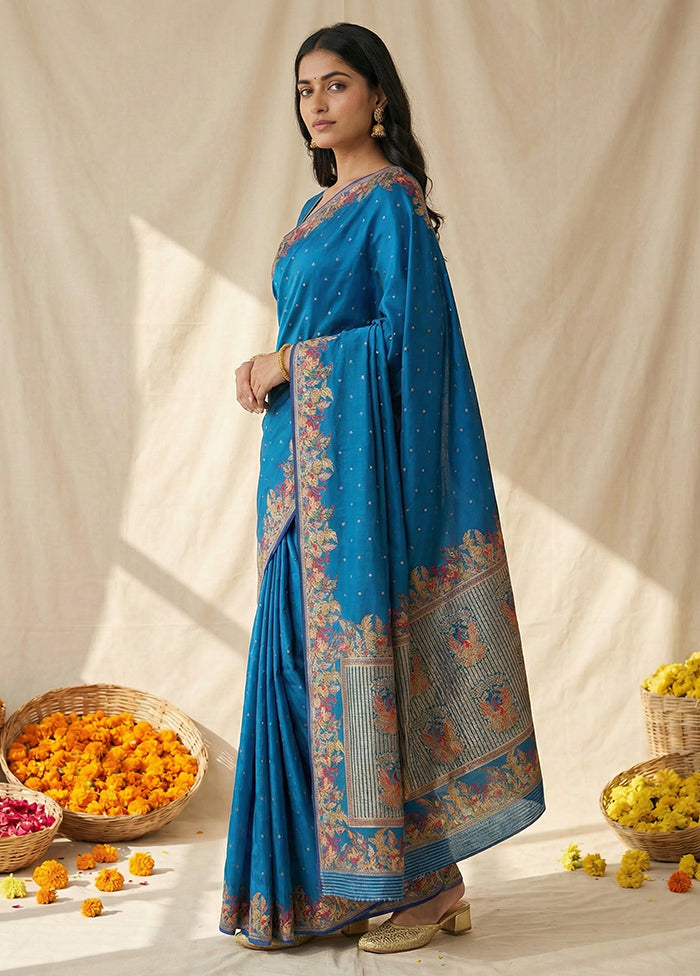 Blue Dupion Silk Saree With Blouse Piece