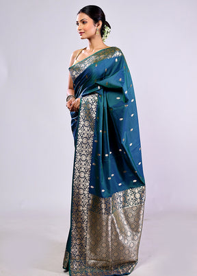 Blue Dupion Silk Saree With Blouse Piece