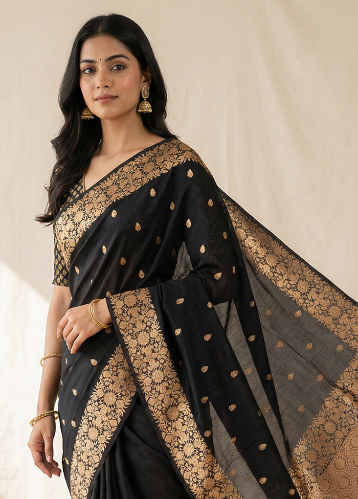 Black Dupion Silk Saree With Blouse Piece