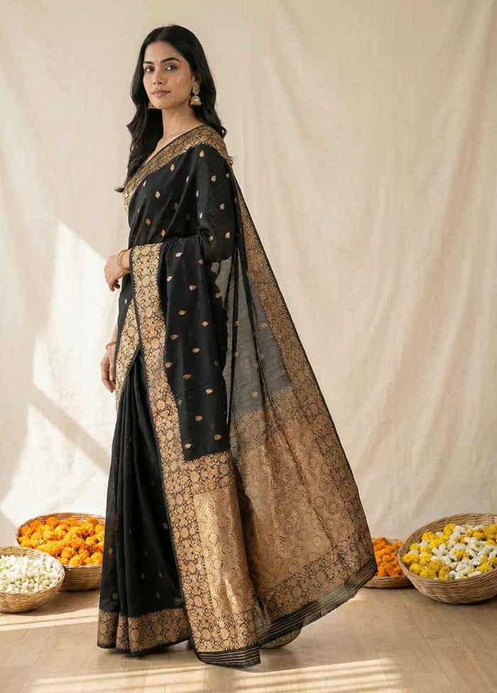 Black Dupion Silk Saree With Blouse Piece