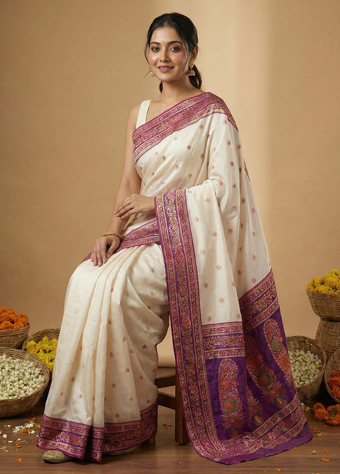 White Dupion Silk Saree With Blouse Piece