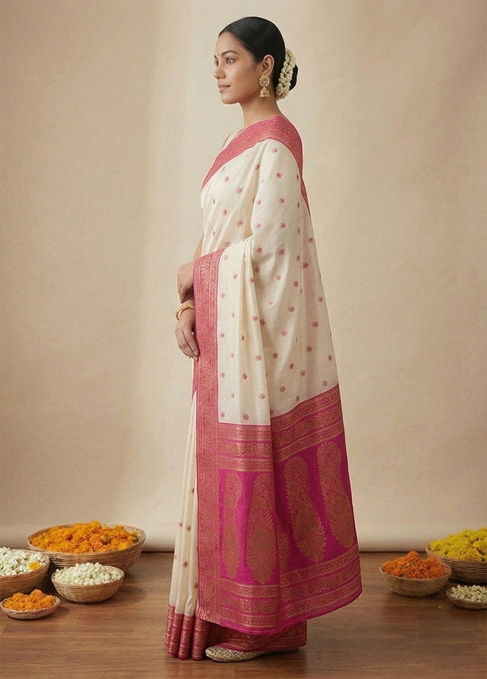 White Dupion Silk Saree With Blouse Piece