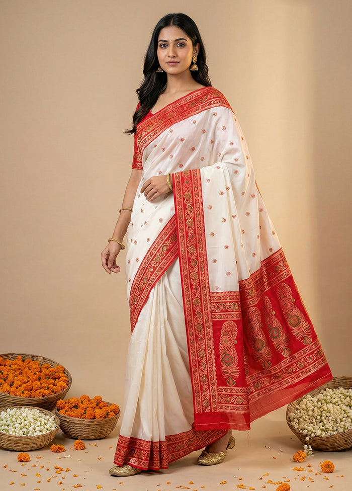 White Dupion Silk Saree With Blouse Piece