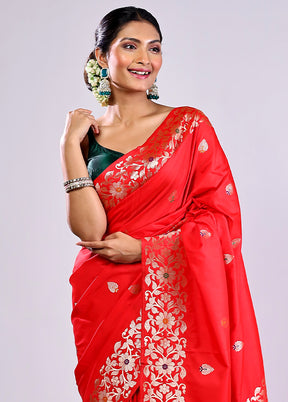 Red Dupion Silk Saree With Blouse Piece