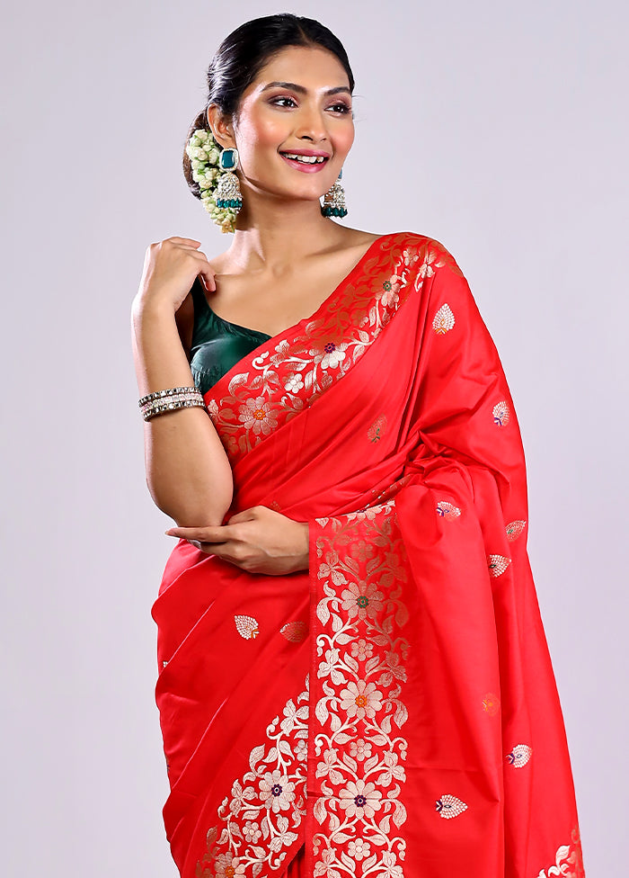 Red Dupion Silk Saree With Blouse Piece