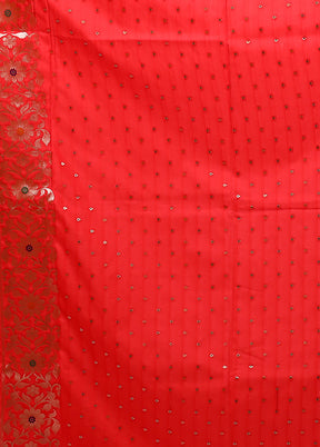 Red Dupion Silk Saree With Blouse Piece