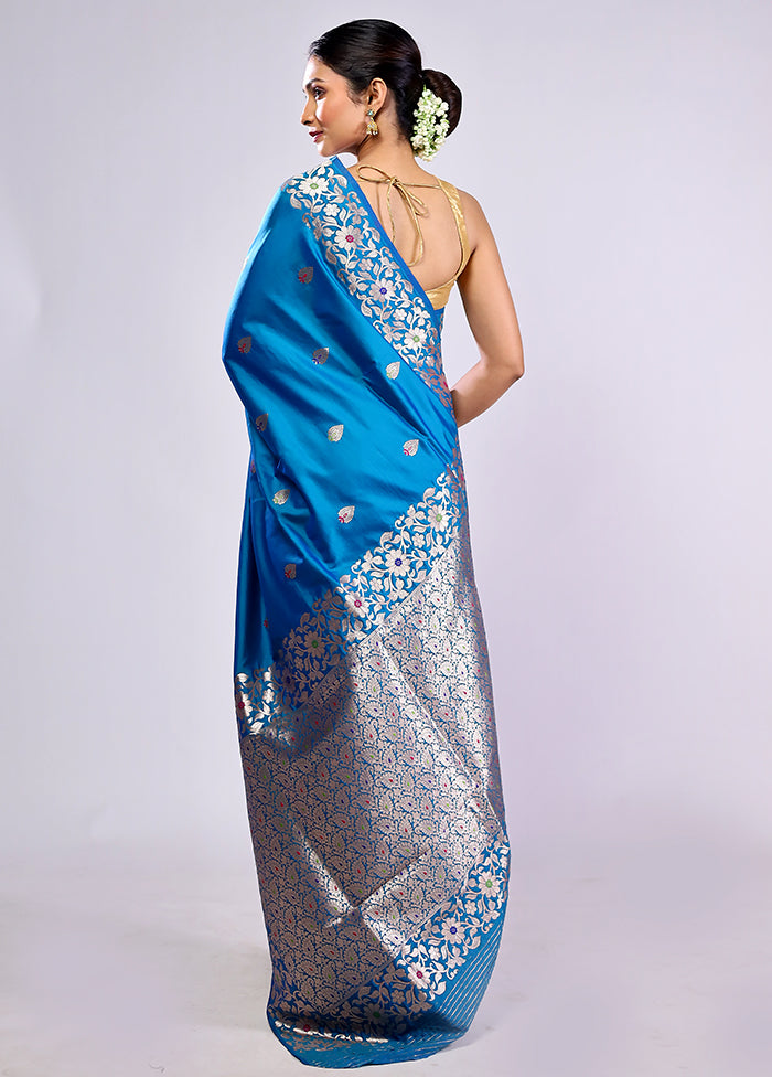 Blue Dupion Silk Saree With Blouse Piece