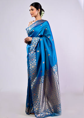 Blue Dupion Silk Saree With Blouse Piece
