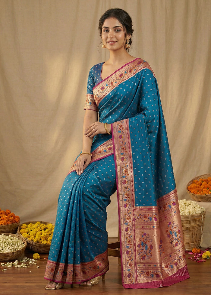 Blue Dupion Silk Saree With Blouse Piece