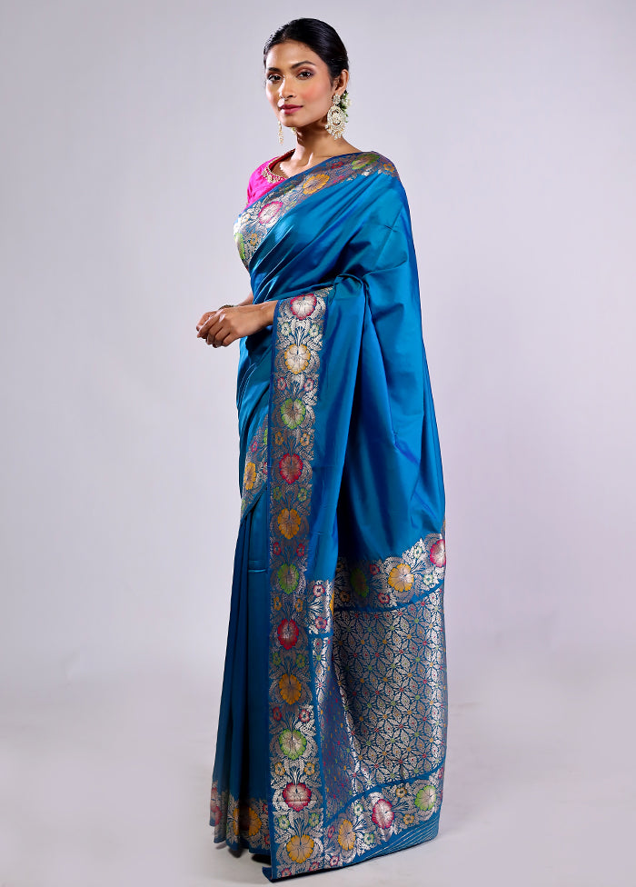 Blue Katan Silk Saree With Blouse Piece