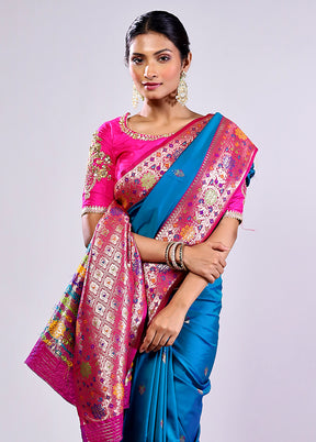 Blue Katan Silk Saree With Blouse Piece