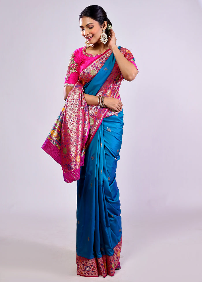 Blue Katan Silk Saree With Blouse Piece