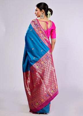 Blue Katan Silk Saree With Blouse Piece