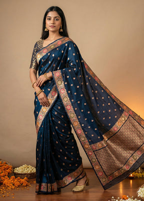 Blue Katan Silk Saree With Blouse Piece