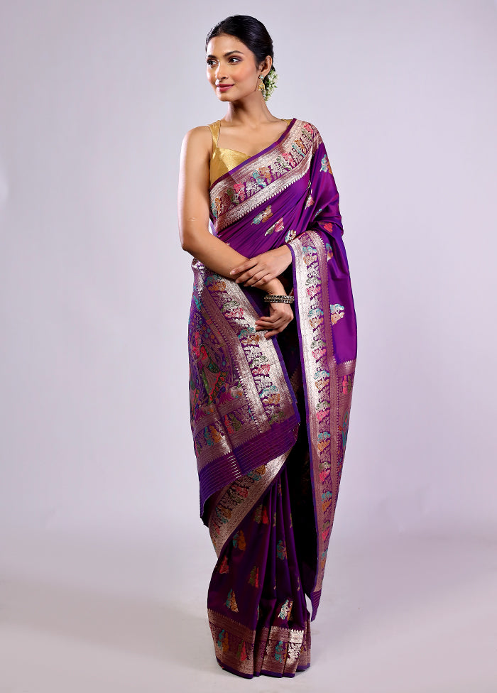 Purple Baluchari Silk Saree With Blouse Piece
