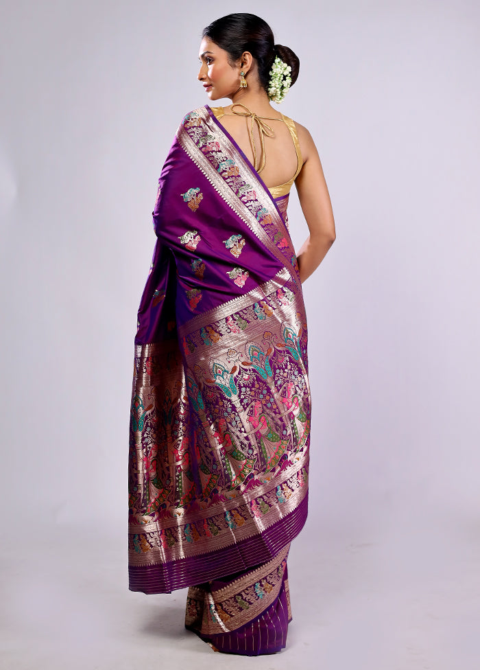 Purple Baluchari Silk Saree With Blouse Piece