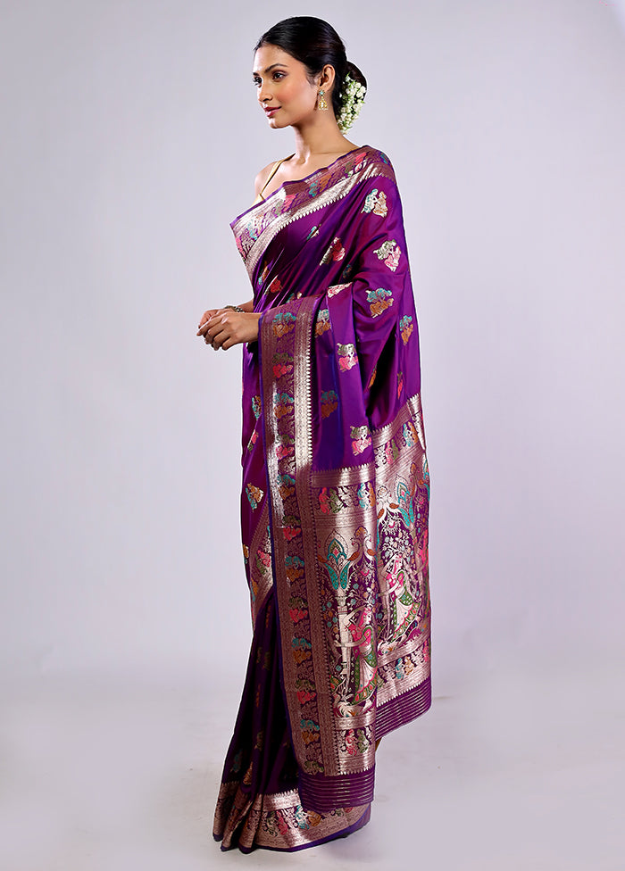 Purple Baluchari Silk Saree With Blouse Piece