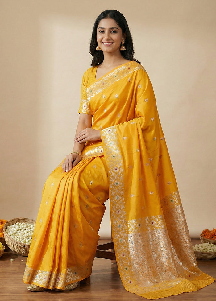 Yellow Dupion Silk Saree With Blouse Piece