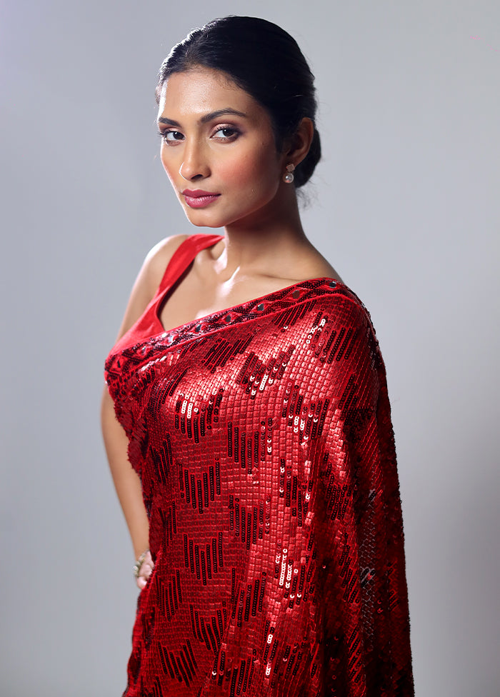 Red Handloom Pure Georgette Saree With Blouse Piece