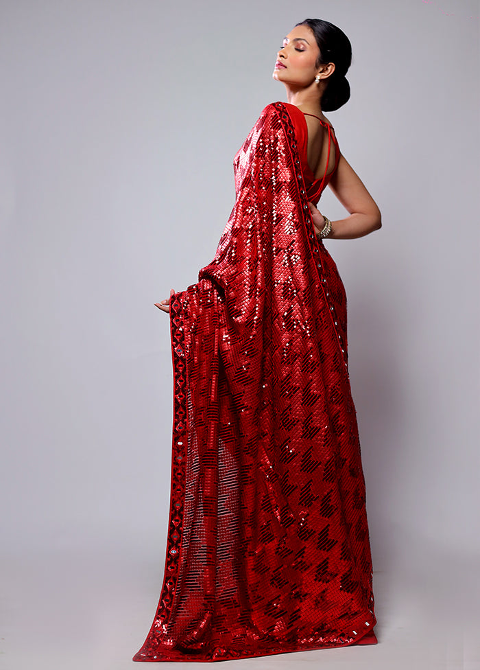 Red Handloom Pure Georgette Saree With Blouse Piece