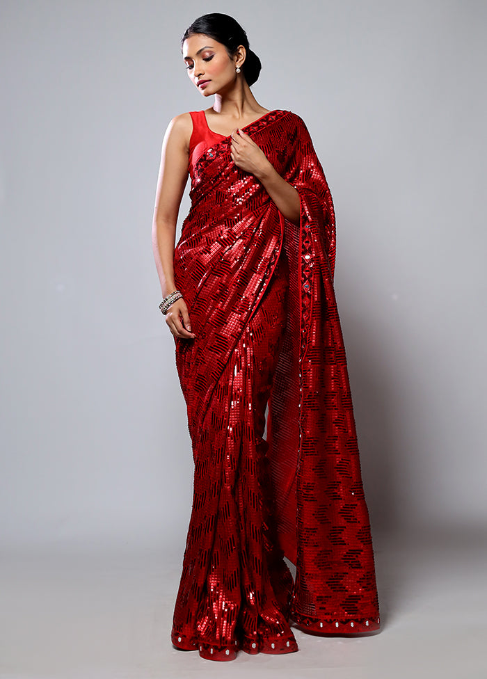 Red Handloom Pure Georgette Saree With Blouse Piece