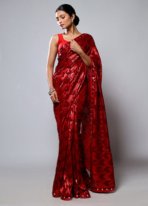 Red Handloom Pure Georgette Saree With Blouse Piece