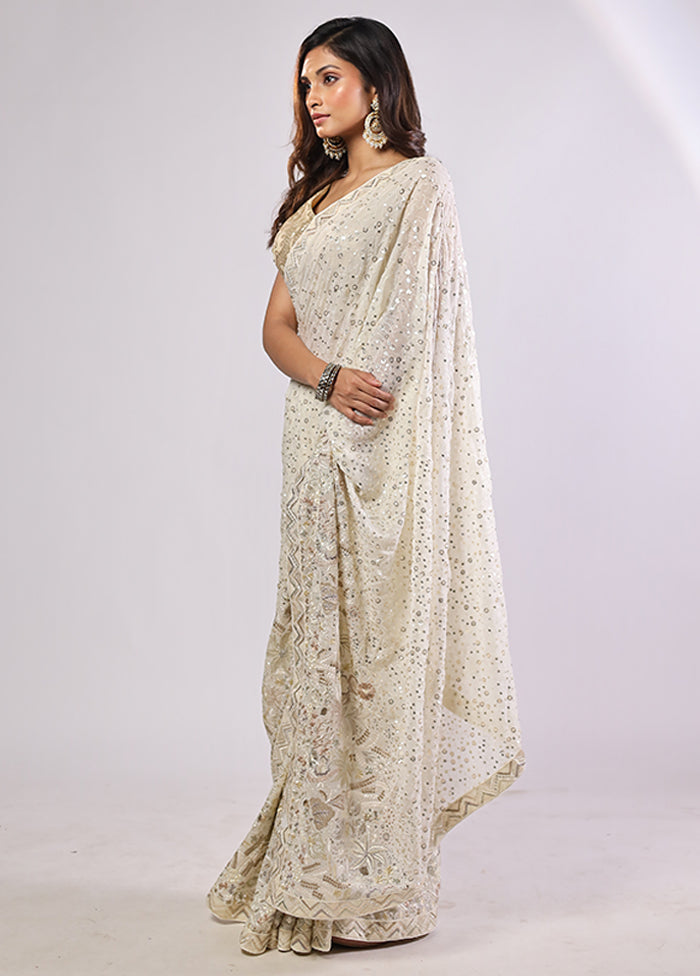 White Handloom Pure Georgette Saree With Blouse Piece