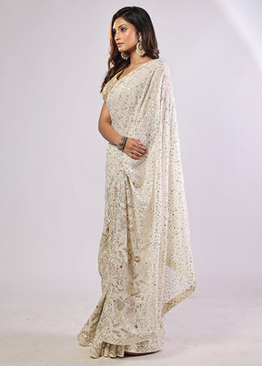 White Handloom Pure Georgette Saree With Blouse Piece